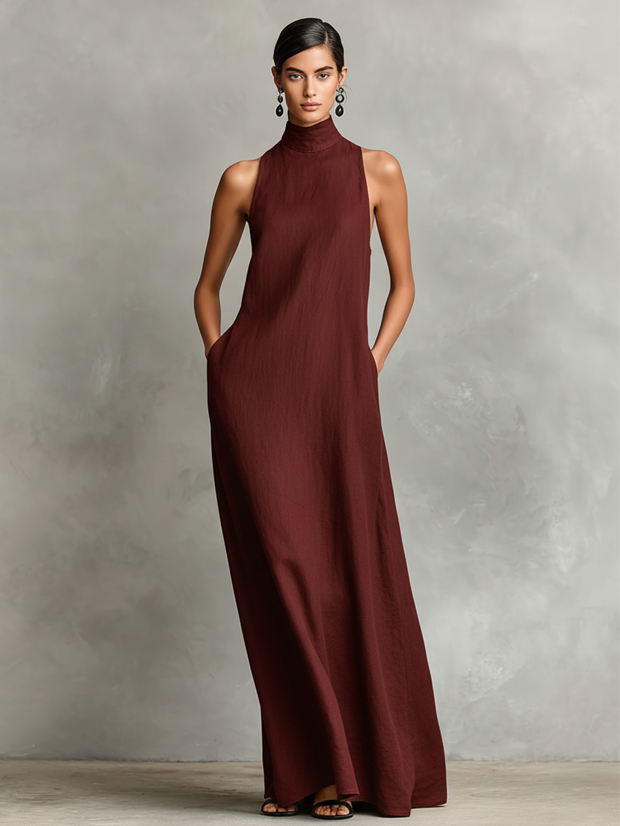 Long Women's Dress with High Collar – Fluid and Elegant Silhouette