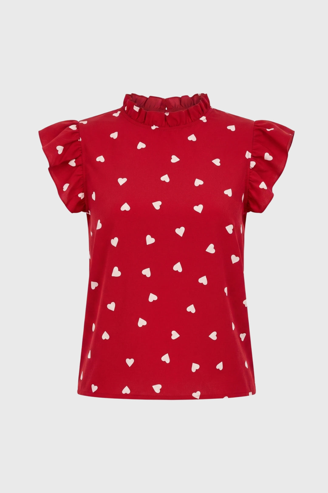 Women's Top with Heart Print and Ruffled Sleeves – Gathered High Neck