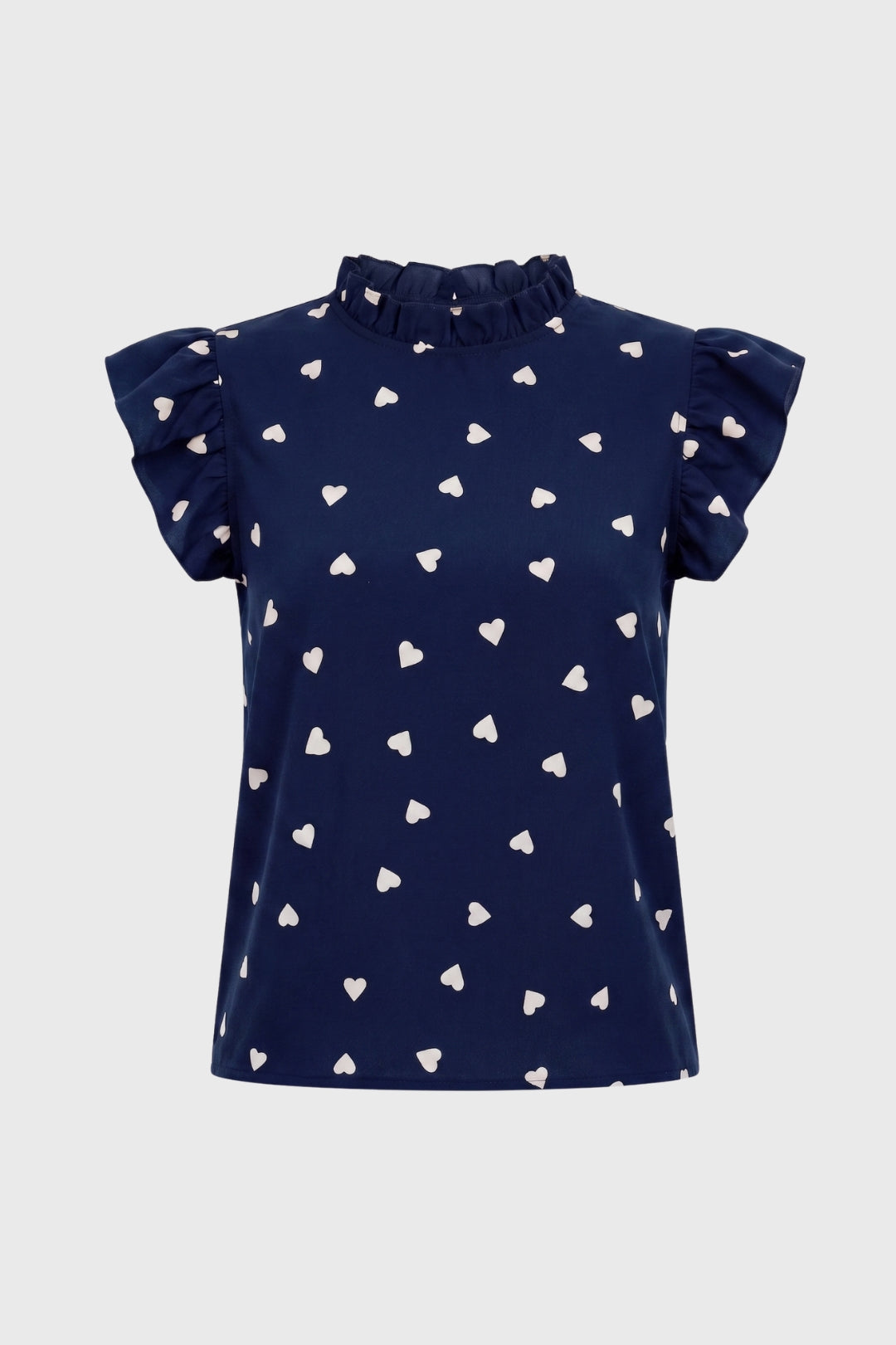 Women's Top with Heart Print and Ruffled Sleeves – Gathered High Neck