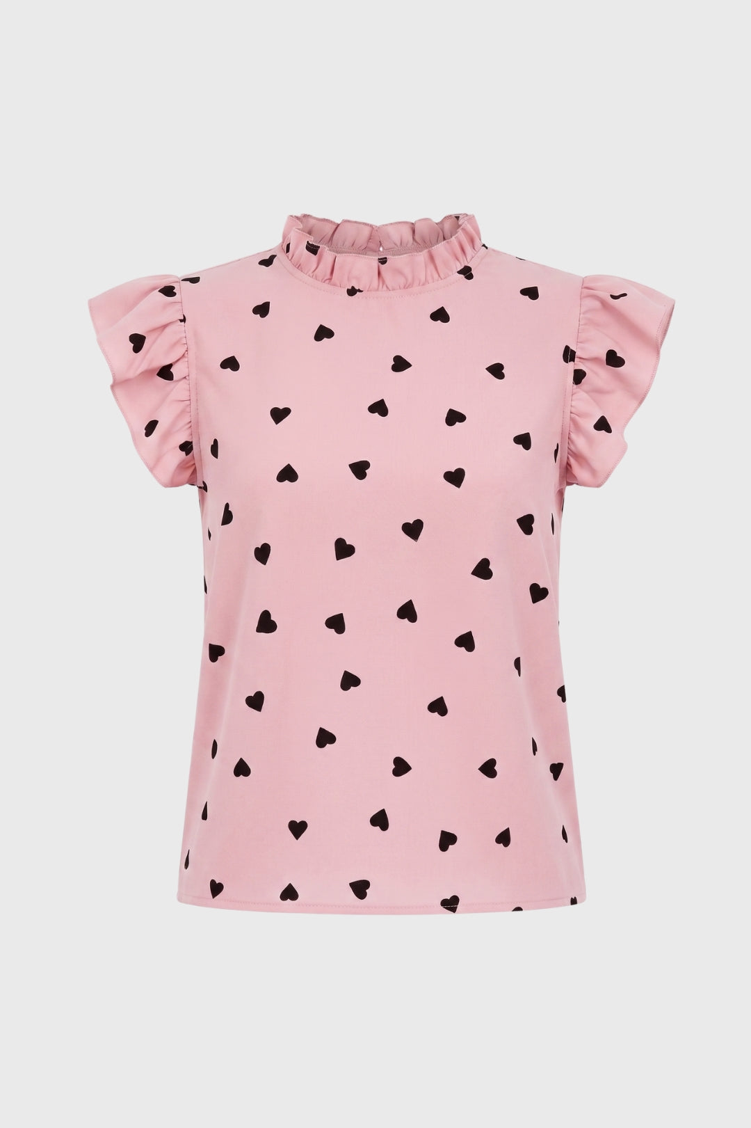 Women's Top with Heart Print and Ruffled Sleeves – Gathered High Neck