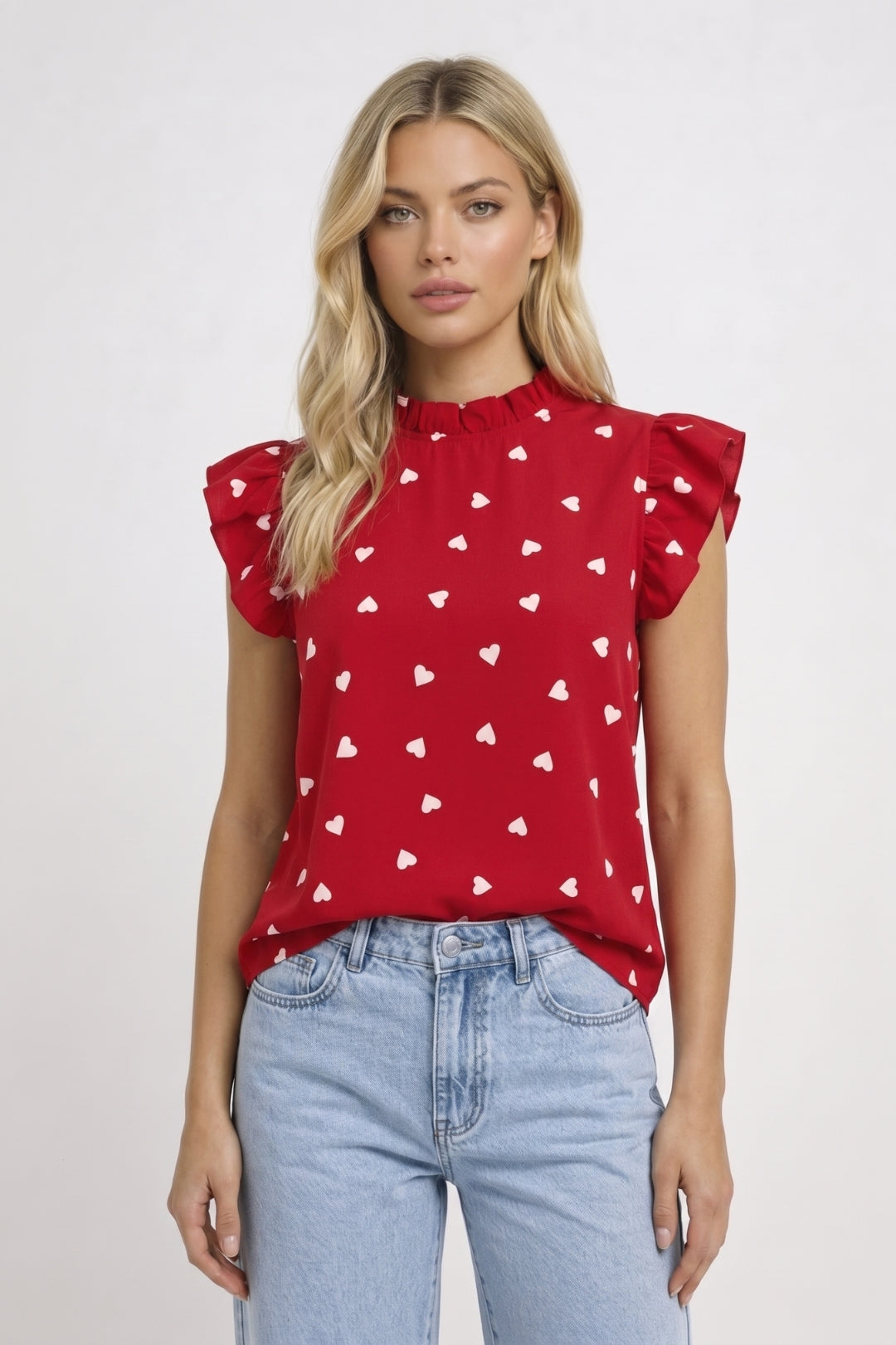 Women's Top with Heart Print and Ruffled Sleeves – Gathered High Neck