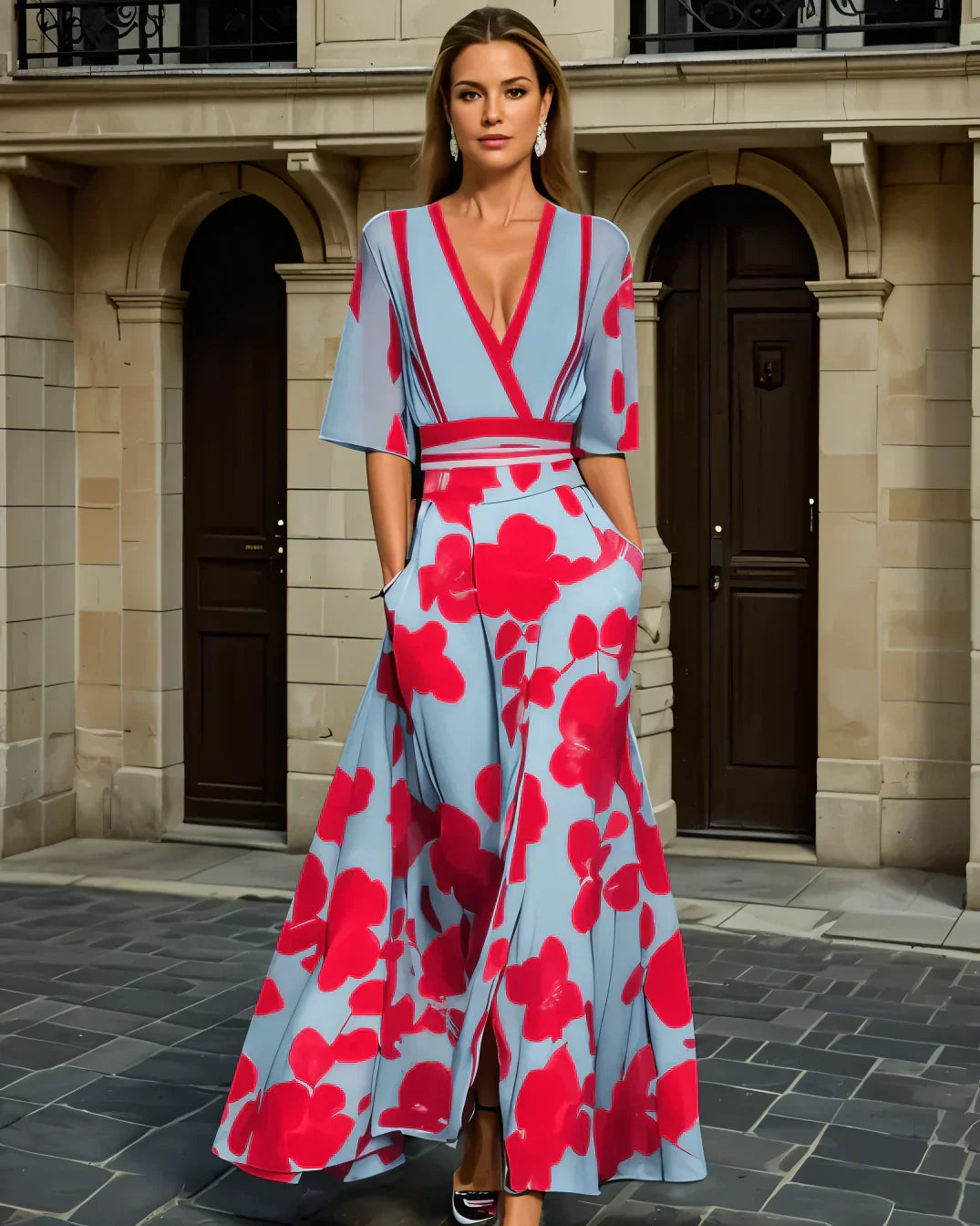 Women's floral A-line maxi dress – V-neck fitted waist