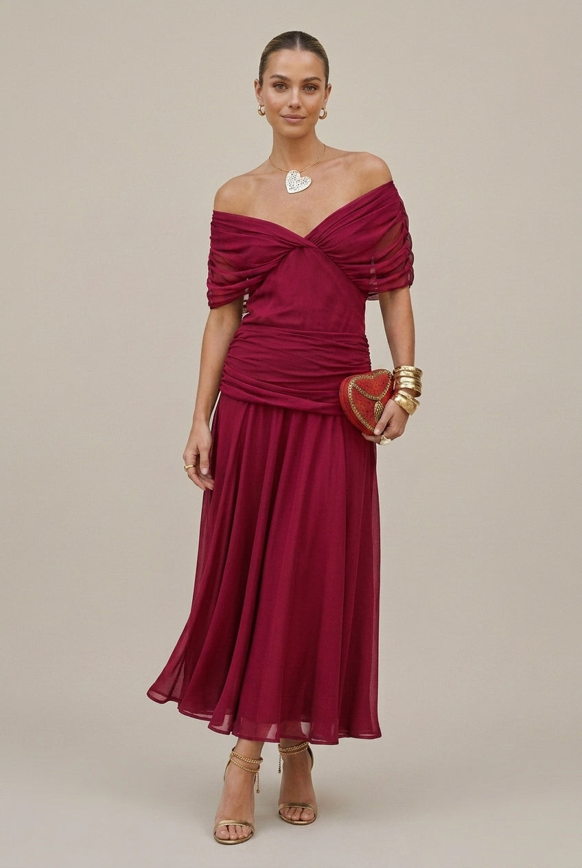 Women’s Chiffon Maxi Dress – Bare Shoulders, Ruched Waist, Fluid Cut
