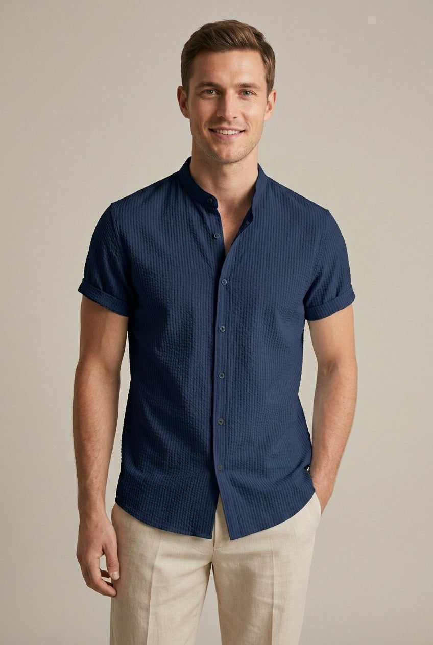 Men's Seersucker Shirt with Officer Collar – Short Sleeves, Textured Weave