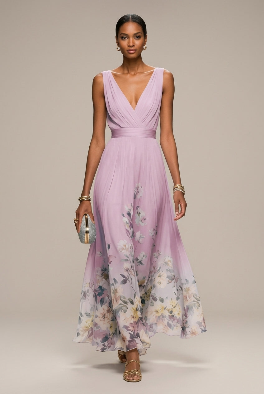 Women's Long Dress with Floral Print – Sleeveless V-Neck