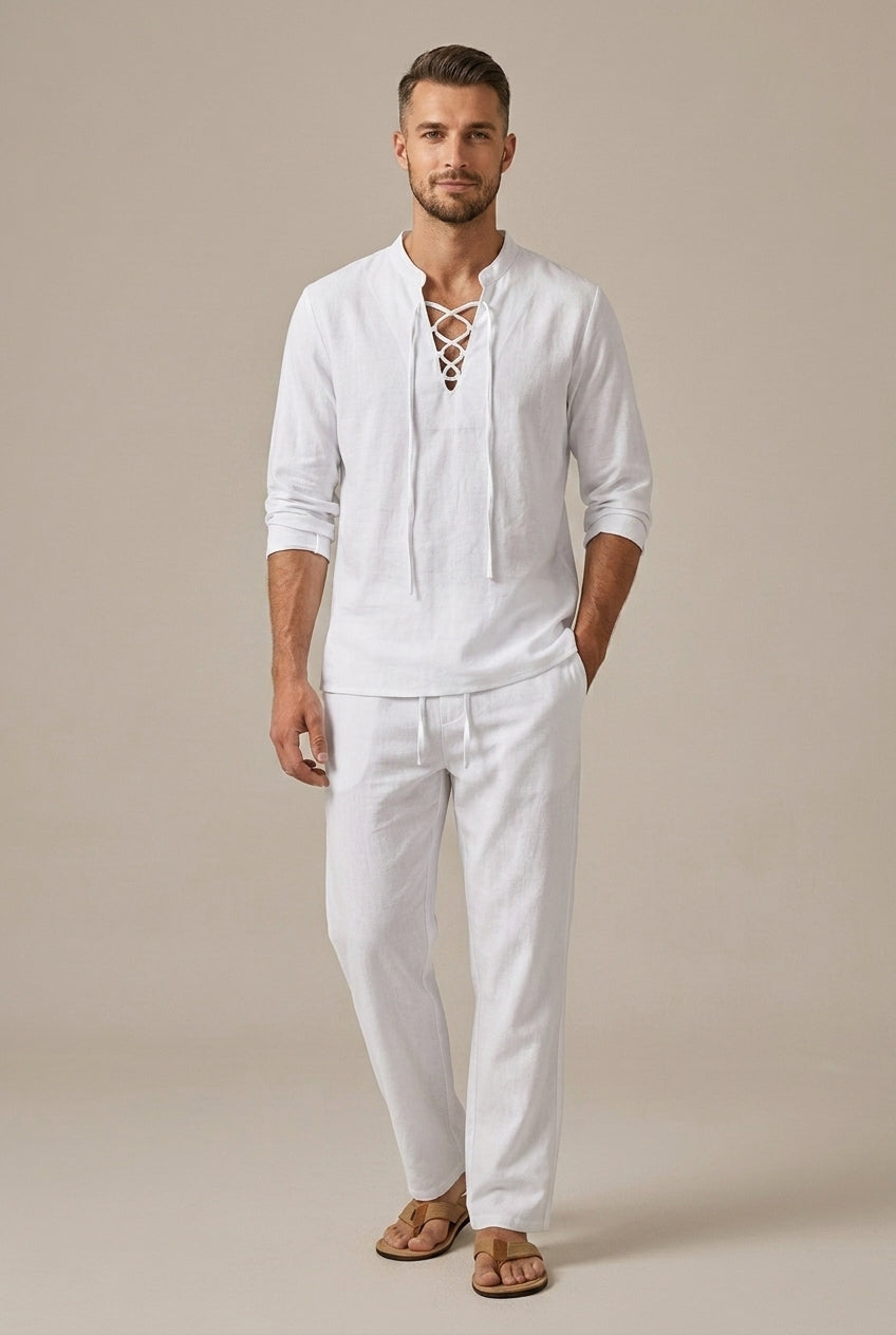 Men's Two-Piece Set Cotton Linen – Lace-Up V-Neck & Pants