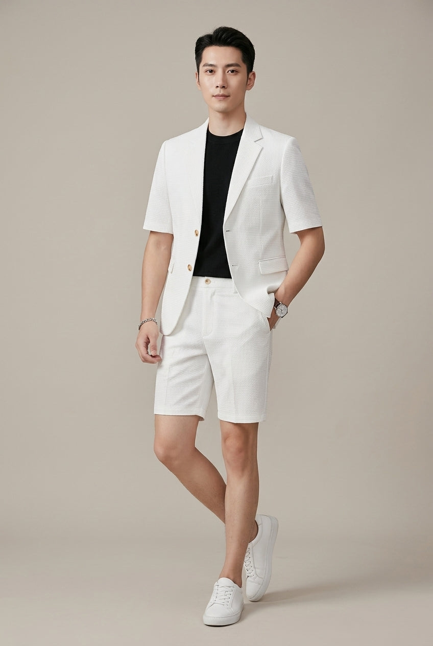 Men's Short Sleeve Blazer Set – Structured Woven Jacket and Shorts Duo