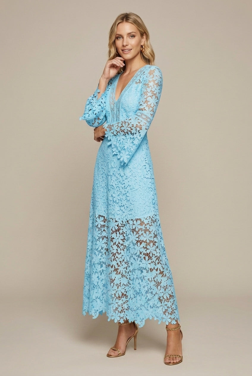 Women's Maxi Dress in Guipure Lace – V-Neck Long Sleeves
