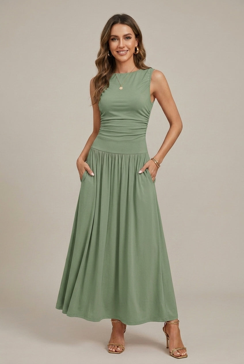 Women's Long Sleeveless Dress – Ruched Waist and Full Skirt