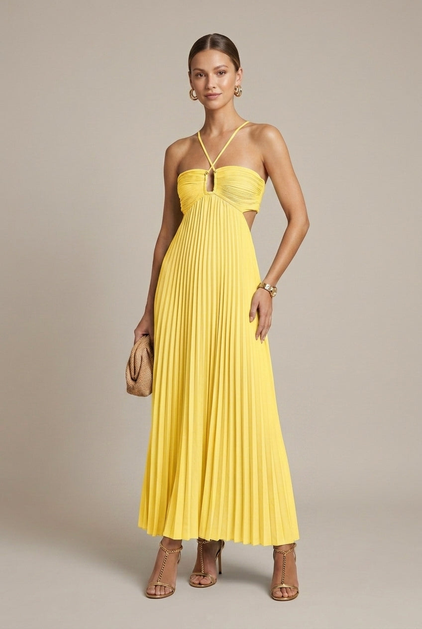 Women’s Pleated Halter-Neck Maxi Dress – Tie Back, Cut-Out Detail