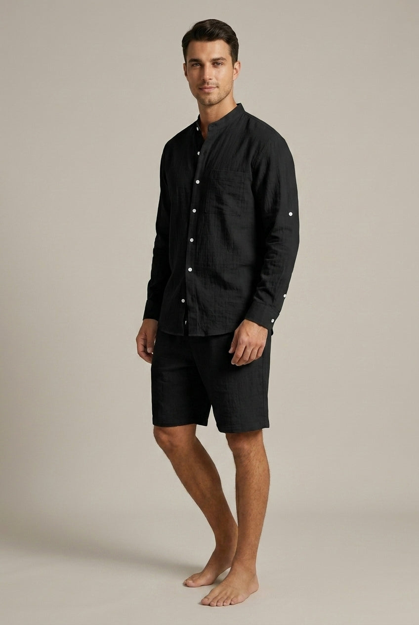 Men's Textured Linen Set – Mandarin Collar Shirt and Relaxed Fit Shorts