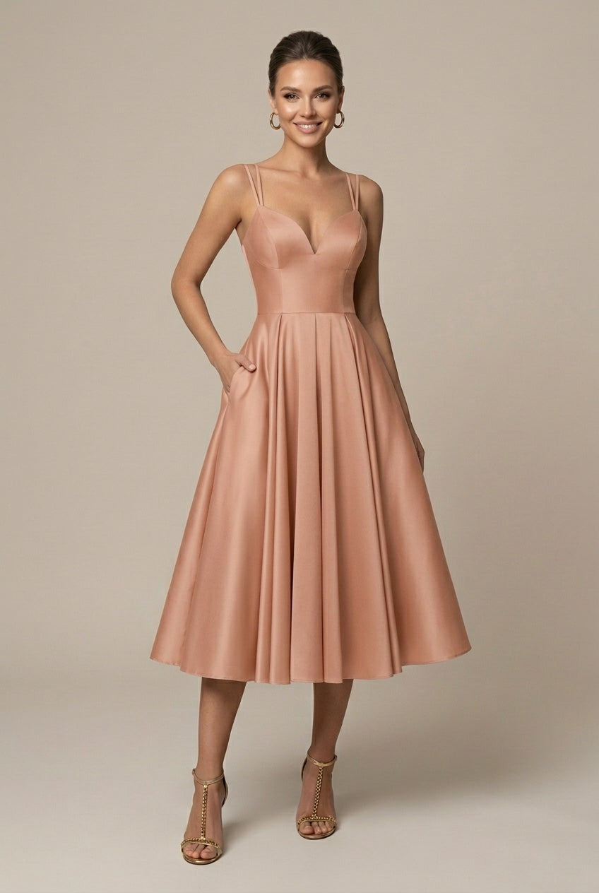 Women’s A-Line Midi Dress – V-Neck, Double Straps, Flared Skirt