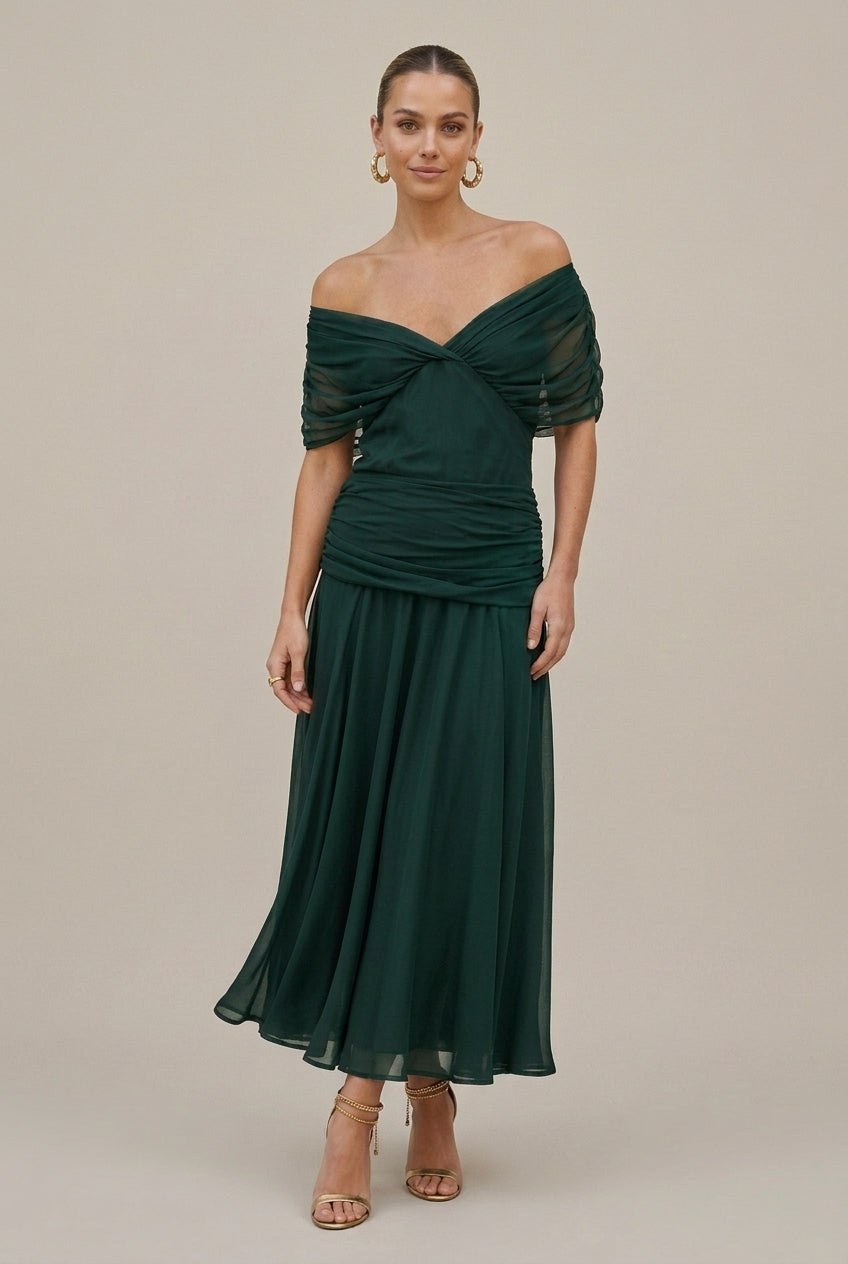 Women’s Chiffon Maxi Dress – Bare Shoulders, Ruched Waist, Fluid Cut
