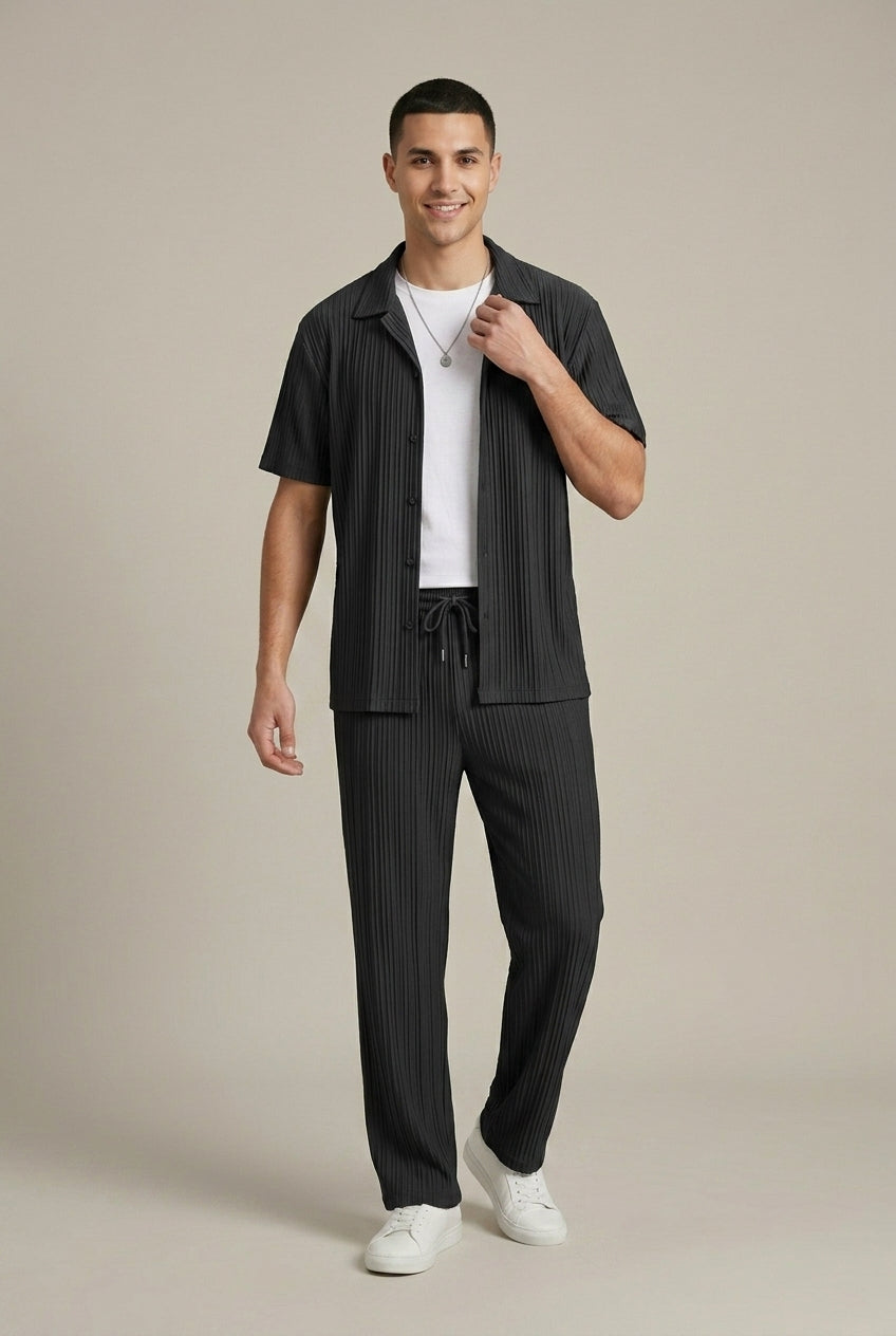 Men's Two-Piece Set – Textured Shirt and Drawstring Pants