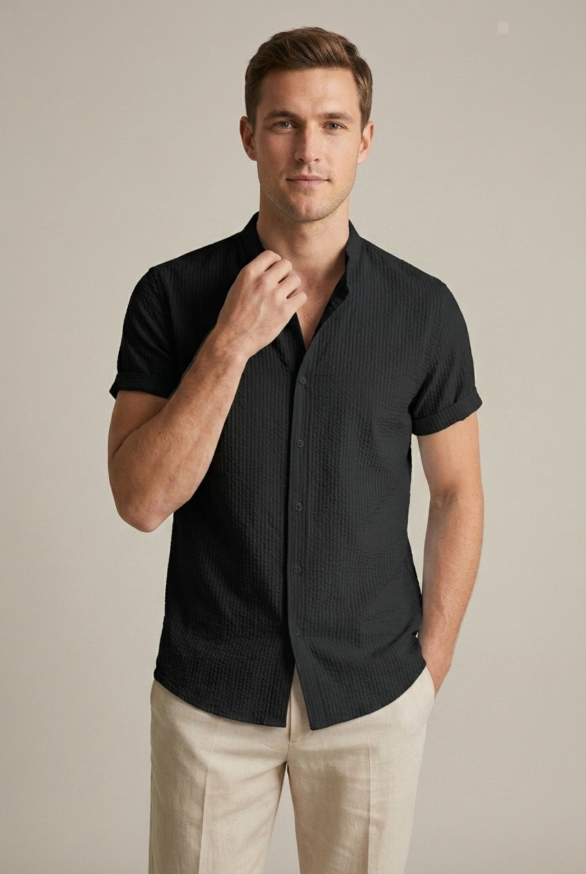 Men's Seersucker Shirt with Officer Collar – Short Sleeves, Textured Weave