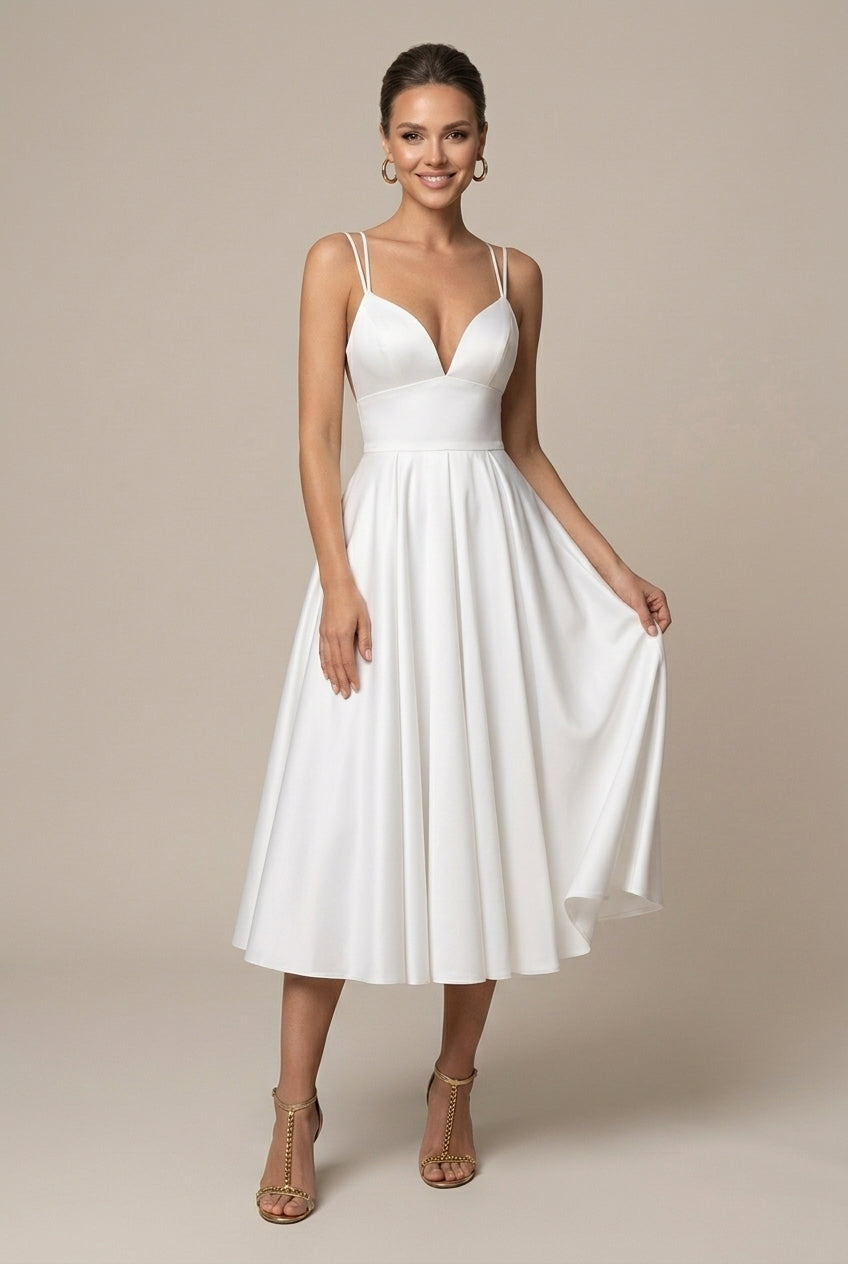 Women’s A-Line Midi Dress – V-Neck, Double Straps, Flared Skirt