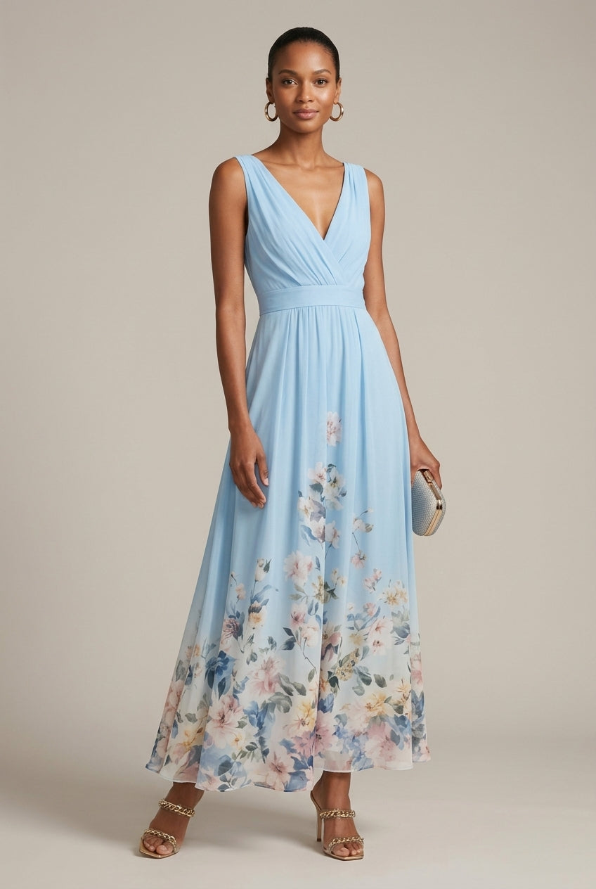 Women's Long Dress with Floral Print – Sleeveless V-Neck
