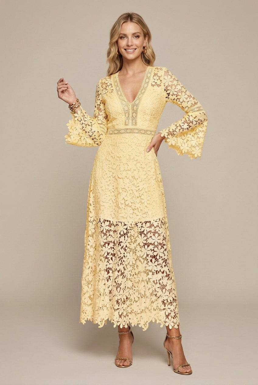 Women's Maxi Dress in Guipure Lace – V-Neck Long Sleeves