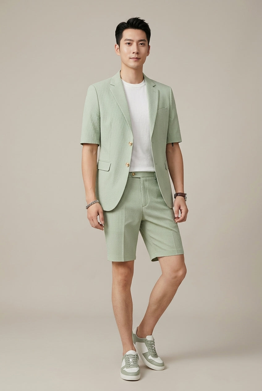 Men's Short Sleeve Blazer Set – Structured Woven Jacket and Shorts Duo