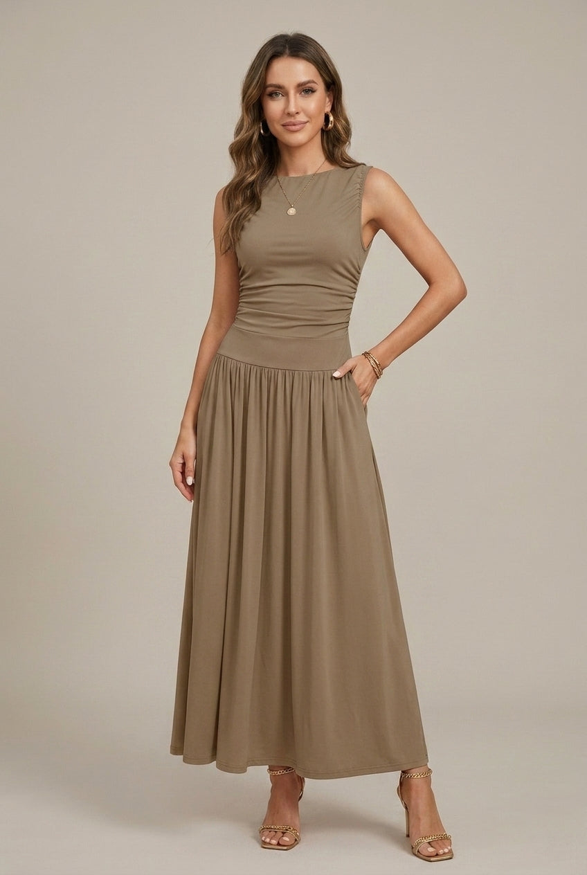 Women's Long Sleeveless Dress – Ruched Waist and Full Skirt