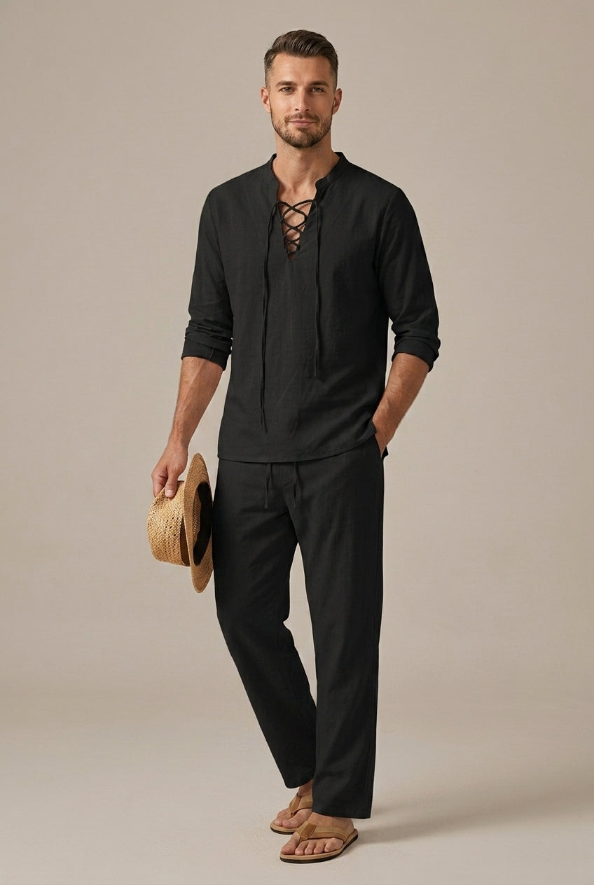 Men's Two-Piece Set Cotton Linen – Lace-Up V-Neck & Pants