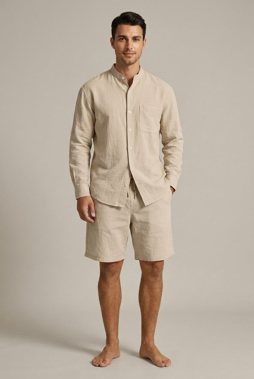 Men's Textured Linen Set – Mandarin Collar Shirt and Relaxed Fit Shorts