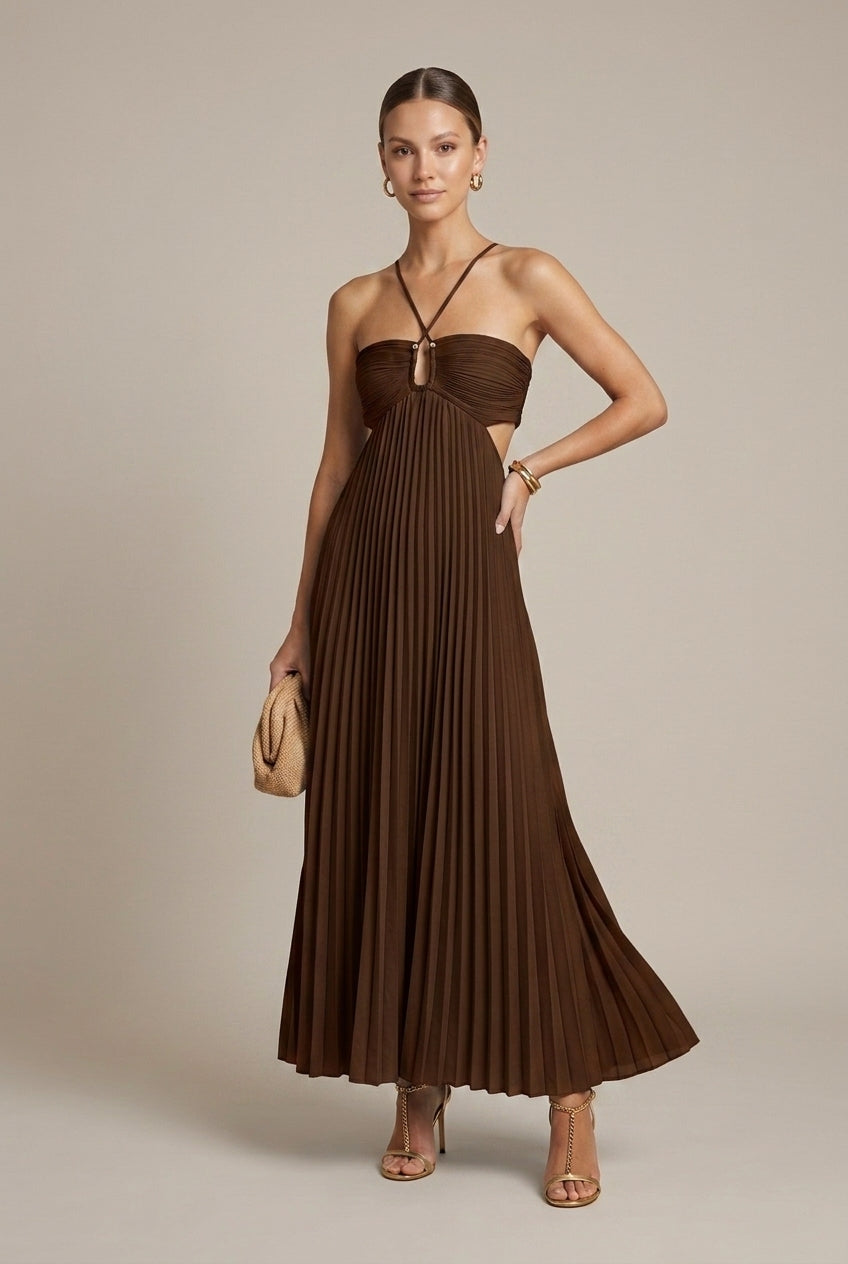 Women’s Pleated Halter-Neck Maxi Dress – Tie Back, Cut-Out Detail