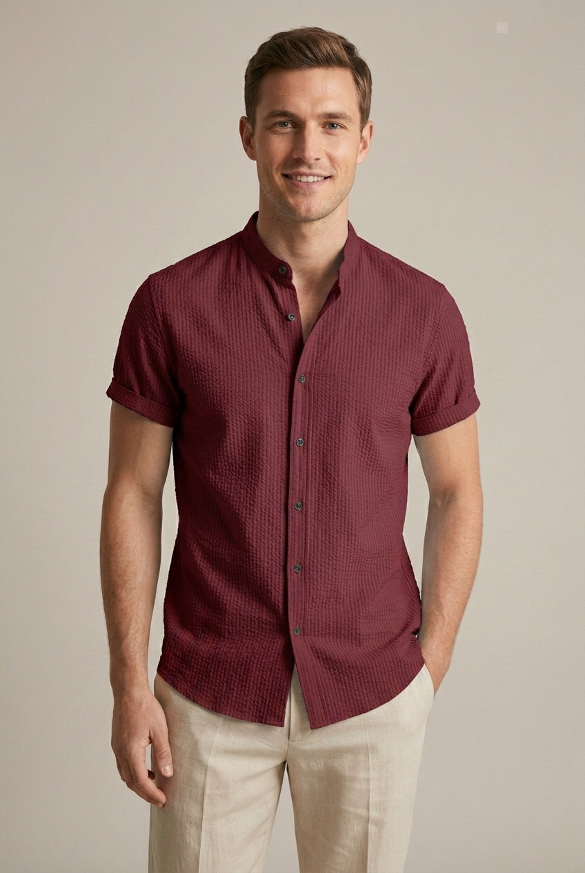Men's Seersucker Shirt with Officer Collar – Short Sleeves, Textured Weave