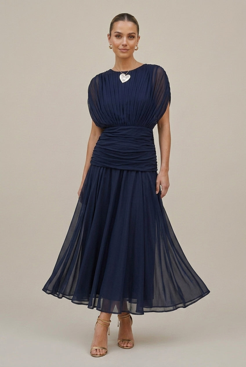 Women’s Chiffon Maxi Dress – Bare Shoulders, Ruched Waist, Fluid Cut