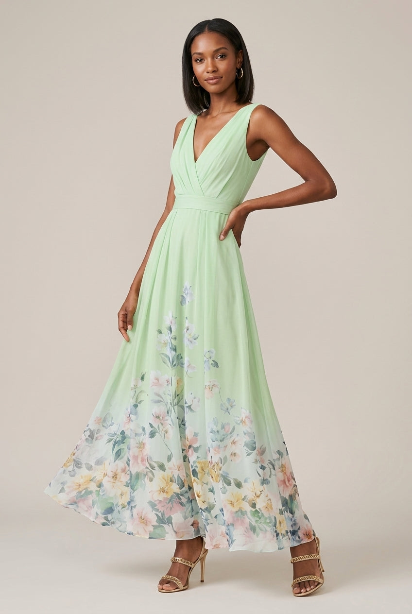 Women's Long Dress with Floral Print – Sleeveless V-Neck