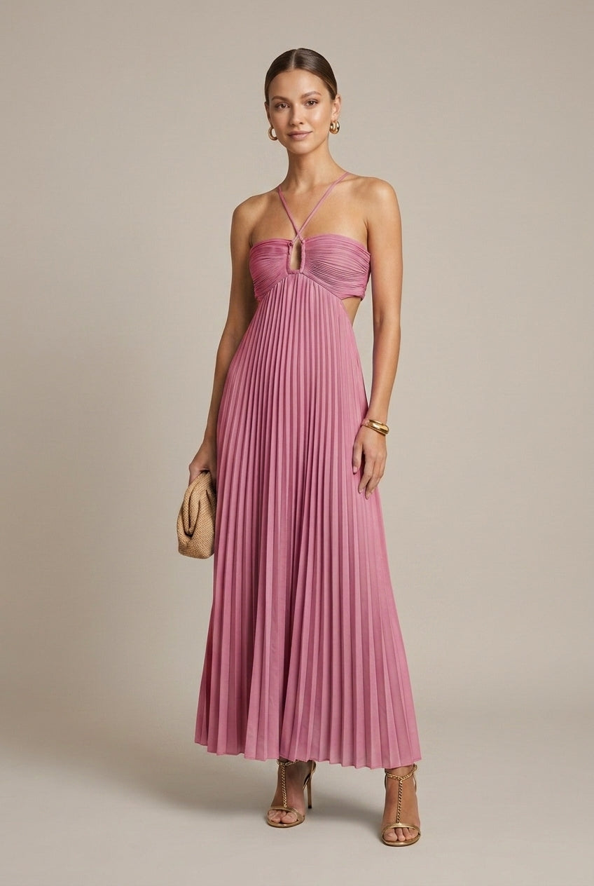 Women’s Pleated Halter-Neck Maxi Dress – Tie Back, Cut-Out Detail