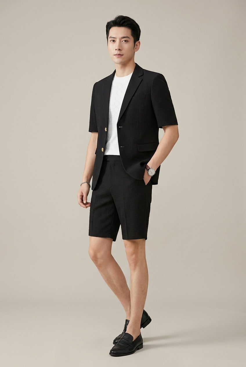 Men's Short Sleeve Blazer Set – Structured Woven Jacket and Shorts Duo