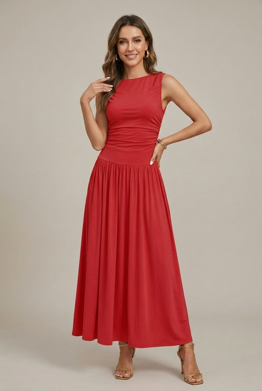 Women's Long Sleeveless Dress – Ruched Waist and Full Skirt