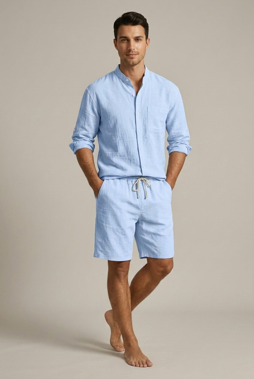 Men's Textured Linen Set – Mandarin Collar Shirt and Relaxed Fit Shorts