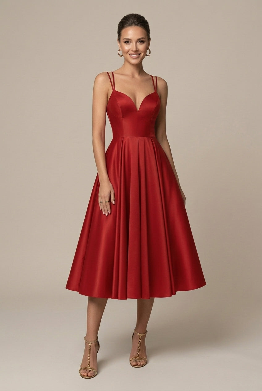 Women’s A-Line Midi Dress – V-Neck, Double Straps, Flared Skirt