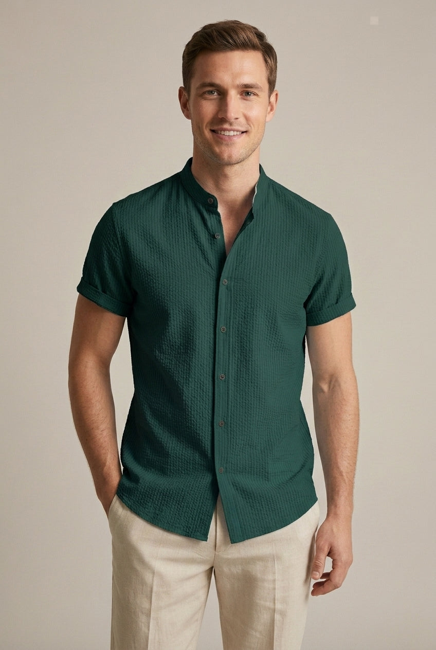 Men's Seersucker Shirt with Officer Collar – Short Sleeves, Textured Weave