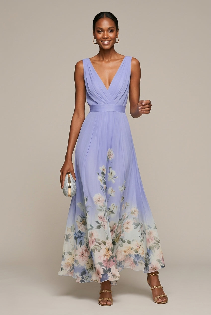 Women's Long Dress with Floral Print – Sleeveless V-Neck