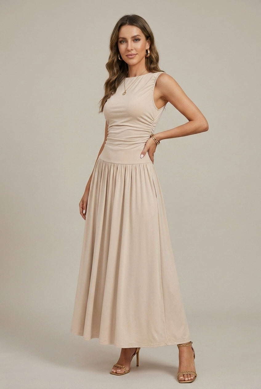 Women's Long Sleeveless Dress – Ruched Waist and Full Skirt