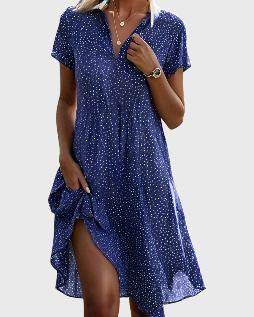 Women's polka dot midi dress – V-neck short sleeves relaxed fit