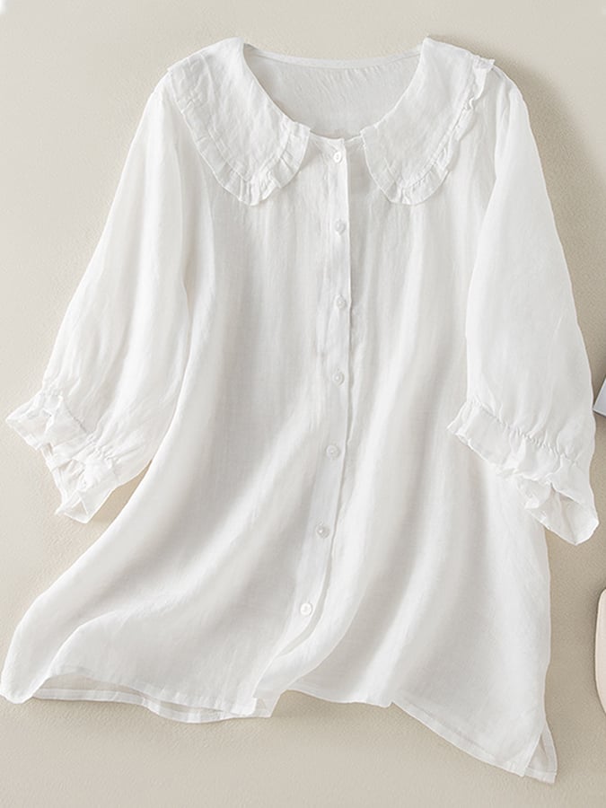 Women's Cotton Blouse with Ruffle Collar – Airy Relaxed Fit with Short Sleeves