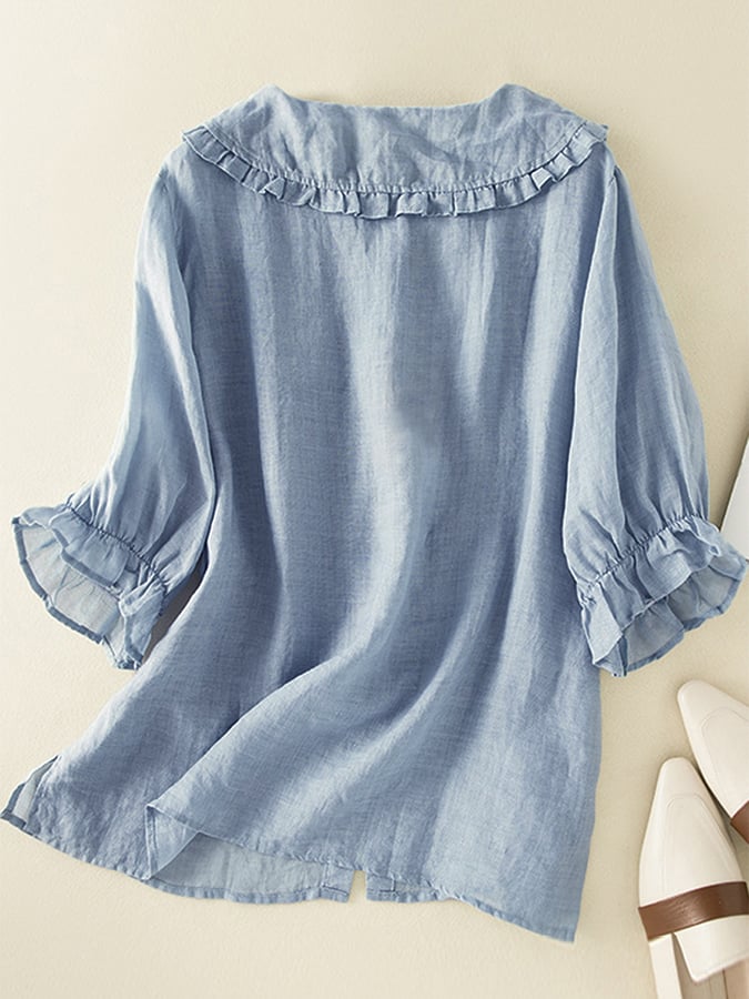 Women's Cotton Blouse with Ruffle Collar – Airy Relaxed Fit with Short Sleeves
