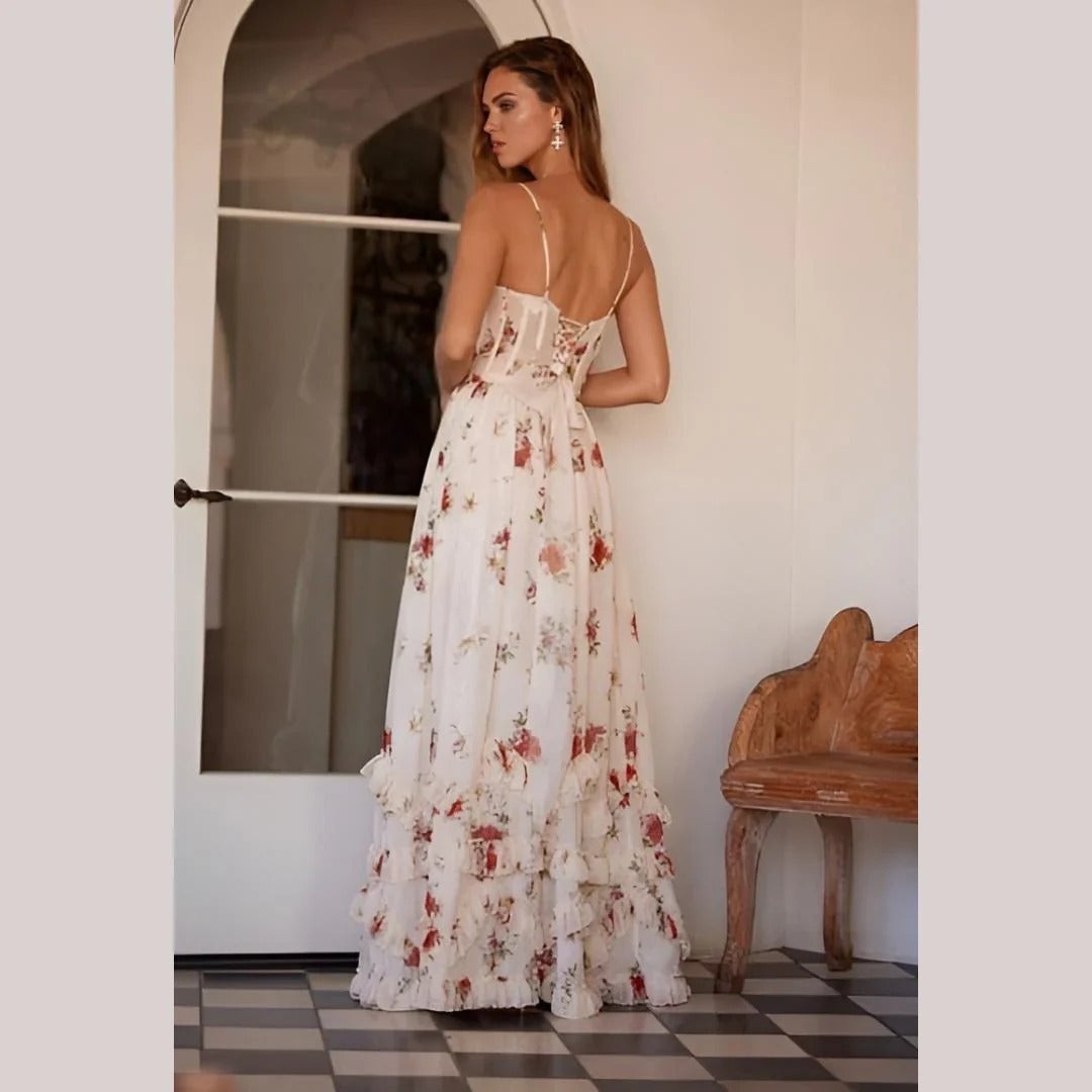 Women's Floral Lace-Up Maxi Dress – Fitted Cut with Side Split