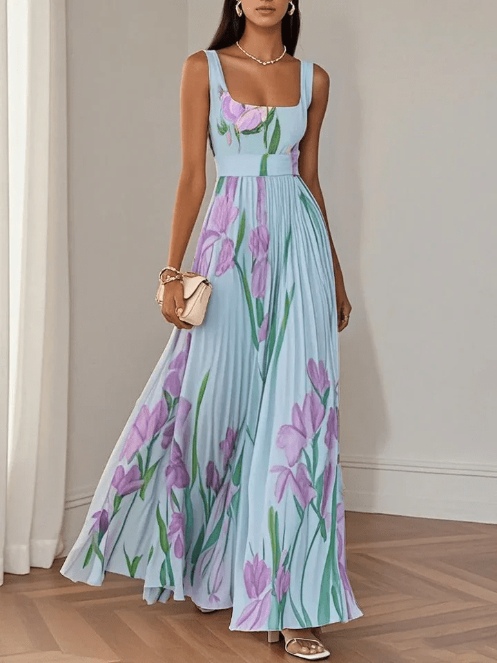 Long Floral Women's Dress – Square Neck Empire Waist Pleated