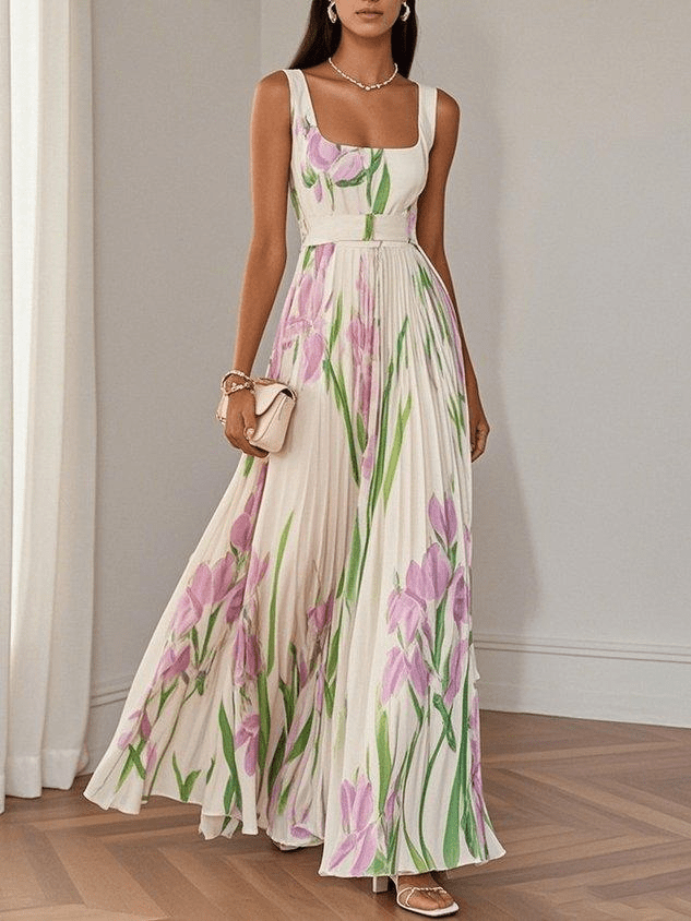 Long Floral Women's Dress – Square Neck Empire Waist Pleated