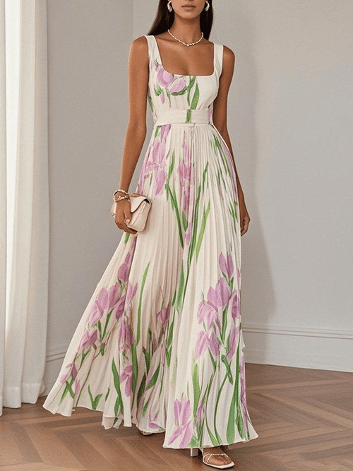 Long Floral Women's Dress – Square Neck Empire Waist Pleated