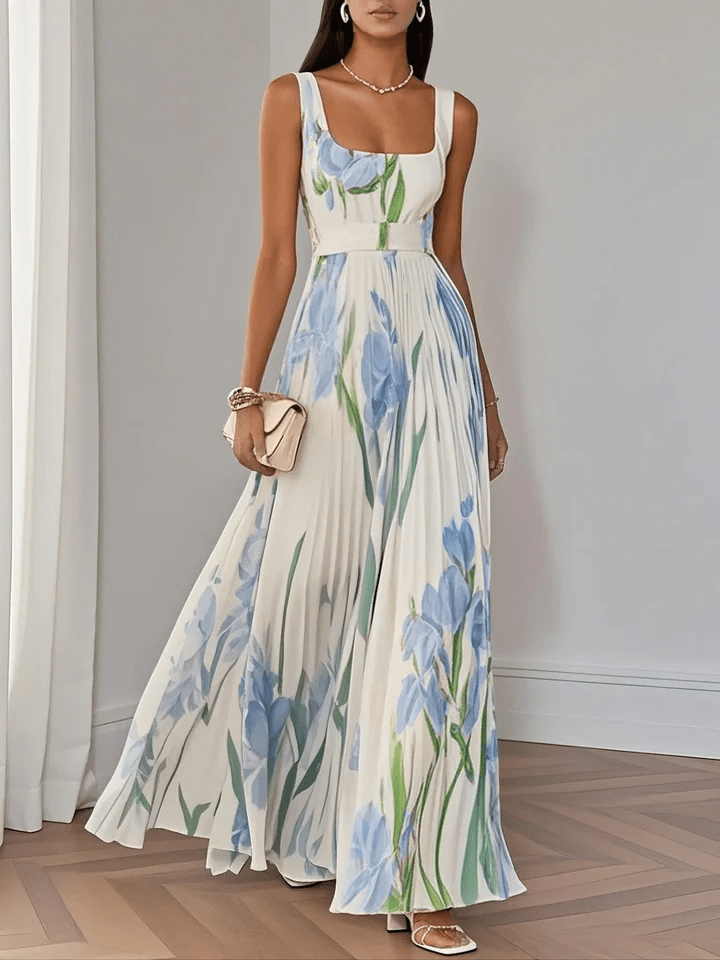 Long Floral Women's Dress – Square Neck Empire Waist Pleated