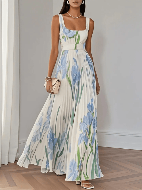 Long Floral Women's Dress – Square Neck Empire Waist Pleated