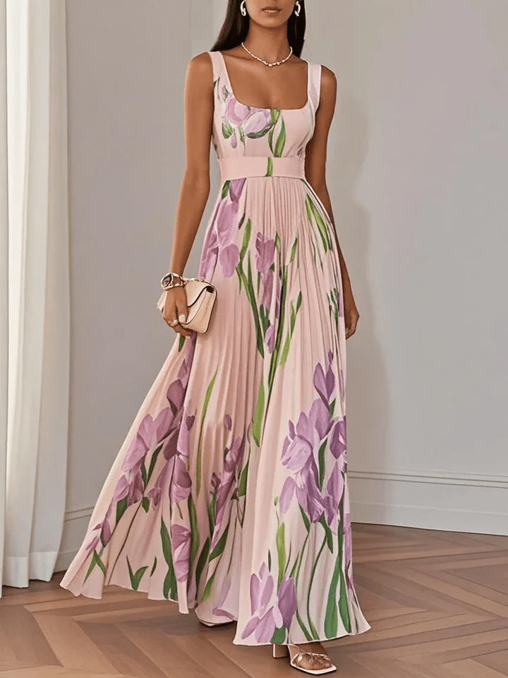 Long Floral Women's Dress – Square Neck Empire Waist Pleated