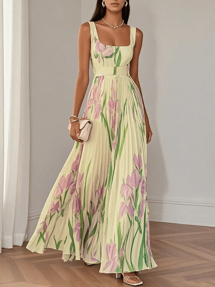 Long Floral Women's Dress – Square Neck Empire Waist Pleated