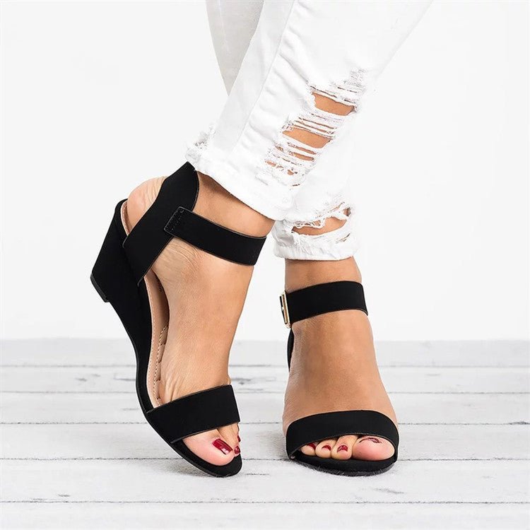 Women's Wedge Heel Sandals – Elastic Ankle Strap & Open Toe
